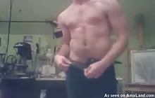 Slim dude with a six pack jerking off