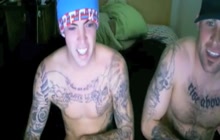 Tattooed gay hunks masturbate on cam